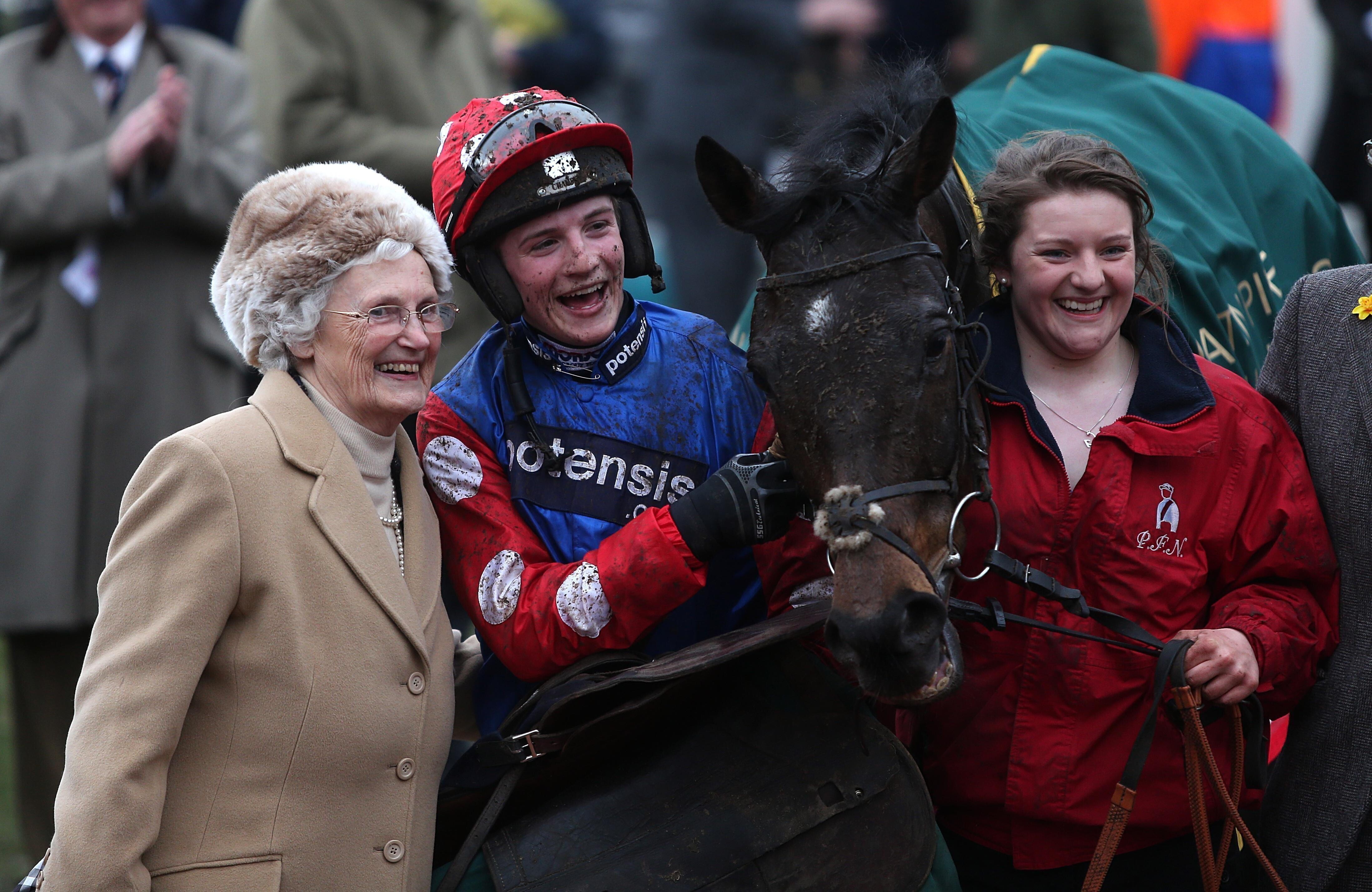 Jockey Harry Derham celebrates winning the Martin Pipe Conditional Jockeys' Handicap Hurdle on Salubrious during Cheltenham Gold Cup Day, at the Cheltenham Festival.