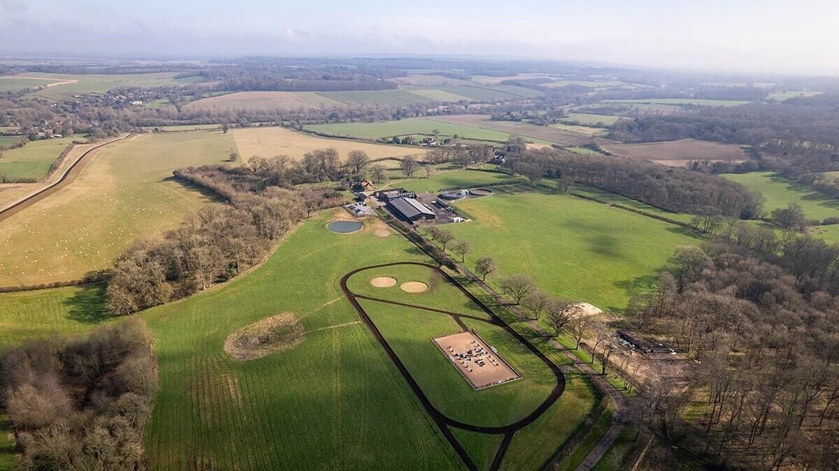 Ariel view of Upper Farm Stables near Newbury home of Harry Derham racing
