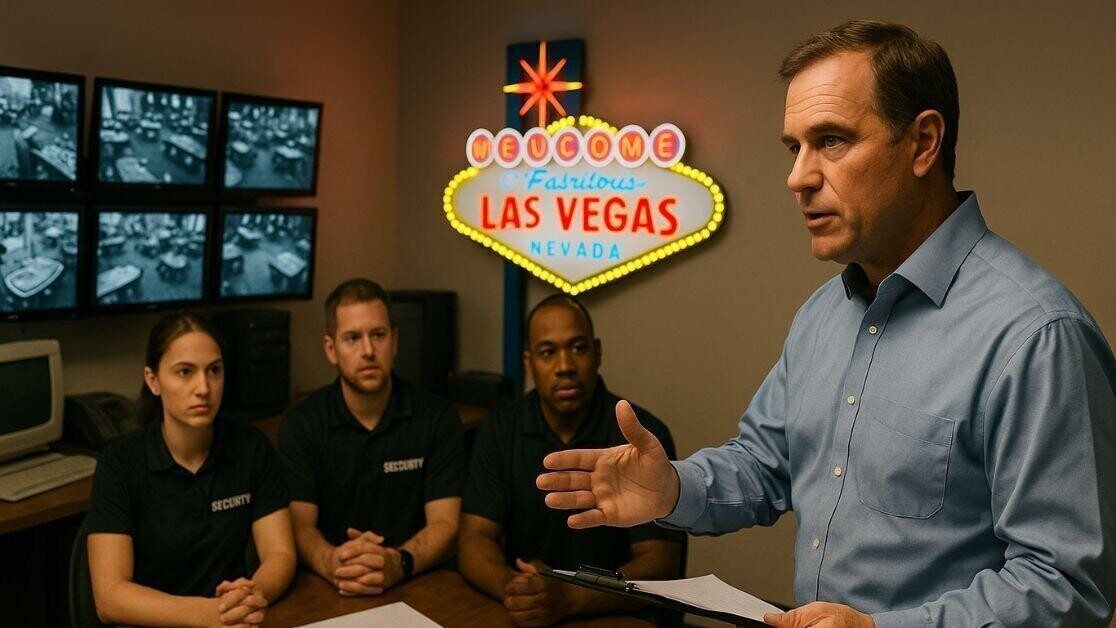 A security professional leads a training session in a Las Vegas casino control room. Three uniformed staff sit attentively at a table labeled "Internal Investigation" while the instructor, in a blue dress shirt, gestures with a clipboard. A glowing “Welcome to Las Vegas” neon sign and a wall of surveillance monitors set the scene.