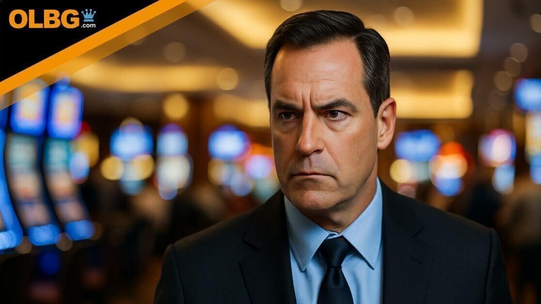 A middle-aged Caucasian man in a dark suit and light blue shirt stands in a Las Vegas casino. He looks stern and focused, with blurred rows of glowing slot machines and seated patrons forming a vibrant background behind him.