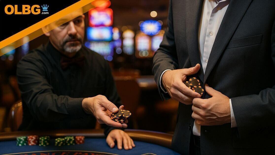 A blackjack dealer in a black shirt and burgundy bow tie hands over high-value chips to a player in a dark gray suit. The player discreetly pockets some of the chips while the colorful casino floor glows in the background with blurred slot machines and patrons.