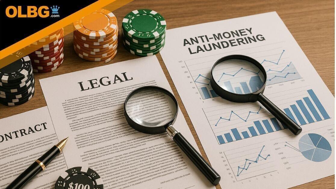 A tabletop scene shows neatly stacked casino chips alongside legal documents labeled "Contract" and "Legal," as well as a printed chart titled "Anti-Money Laundering." Two magnifying glasses rest over the papers, emphasizing scrutiny. A fountain pen and a $100 poker chip complete the composition.