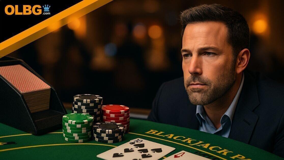 Ben Affleck sits at a blackjack table in a dimly lit casino, focused on the game. Poker chips are stacked neatly in front of him, along with two playing cards — a ten of spades and an ace of diamonds — showing a blackjack. A deck shoe and dealer chips complete the table setup.
