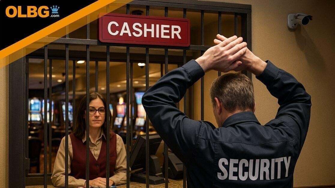 A casino security officer stands with his hands interlocked behind his head in front of a cashier cage reinforced with bars. Inside the cage, a female cashier stands calmly behind a counter with stacks of chips. A red "CASHIER" sign hangs overhead, and surveillance cameras are visible on the wall, with slot machines softly blurred in the background.
