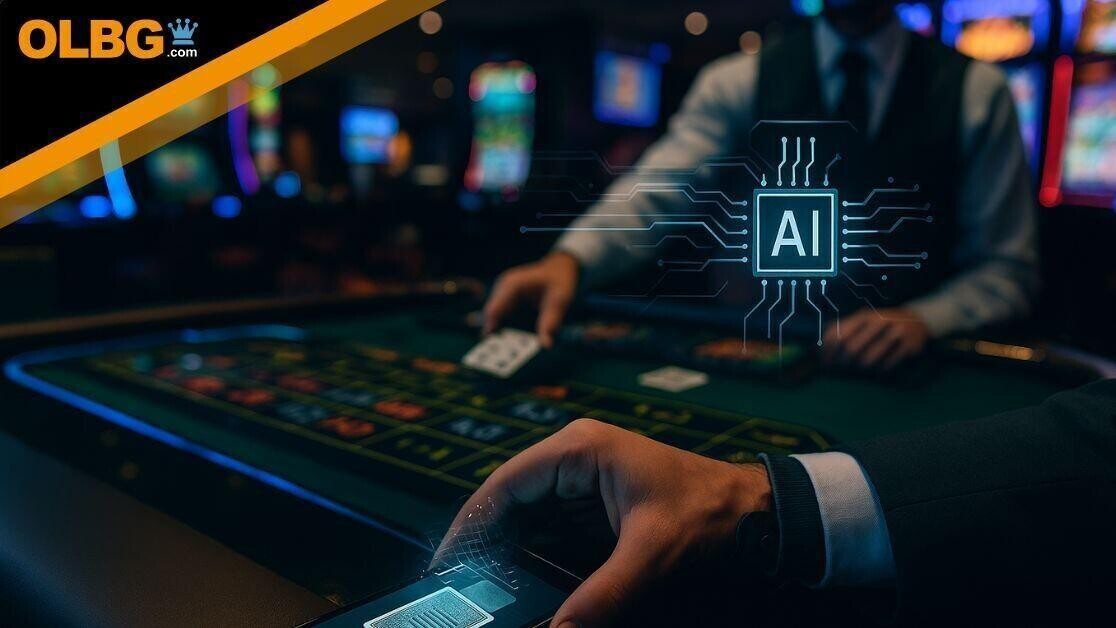 A digital photograph captures a casino scene where a player discreetly uses a smartphone displaying a marked card scanner. A holographic AI interface hovers above the phone, symbolizing real-time game analysis. In the background, a dealer handles cards while slot machines glow in moody, ambient lighting.