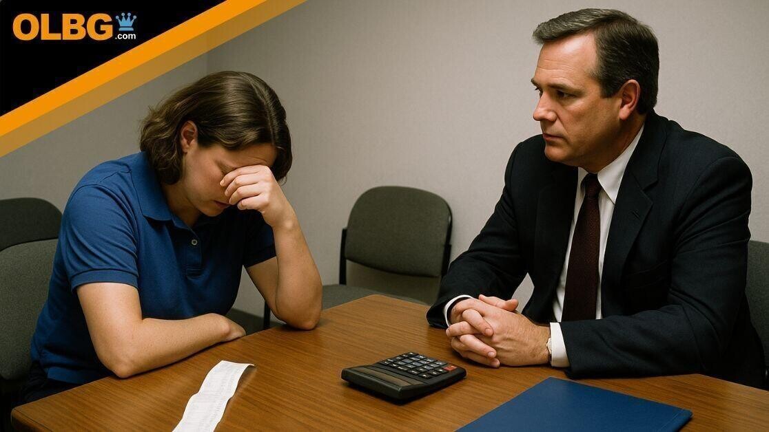 In a plain, softly lit office, a woman in a blue polo shirt sits at a table with her head in her hand, visibly distressed. Across from her, a man in a dark suit sits attentively, hands clasped. Between them lie a calculator, a long cash register receipt, and a closed blue folder.