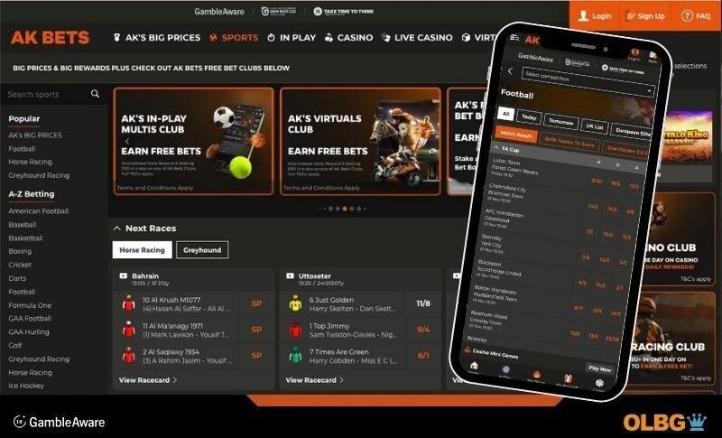 akbets betting site screenshots, showing both mobile phone and desktop computer views