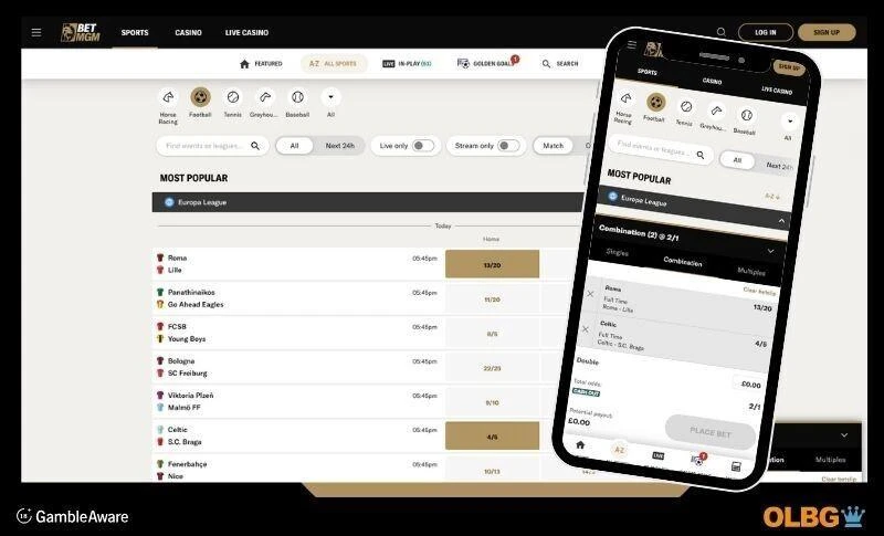 Screenshot views of BETMGM bookmakers including both desktop view and how it looks on a mobile phone
