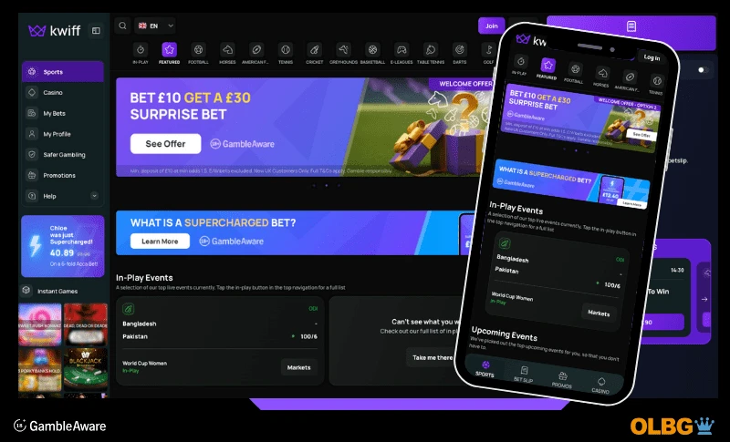 Screenshot view of Kwiff bookmakers and sports betting, showing version of both desktop and mobile phone views