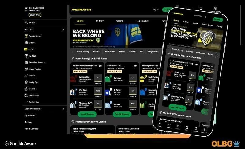 Screenshots of both the desktop and mobile version on the Parimatch bookmakers home page