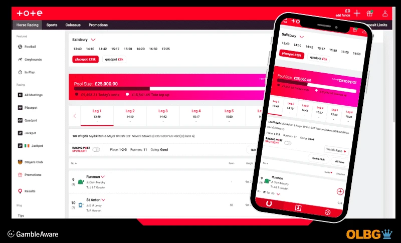 Screenshot images of Tote Bookmakers, for both desktop computer and mobile phone view, on the placepot page