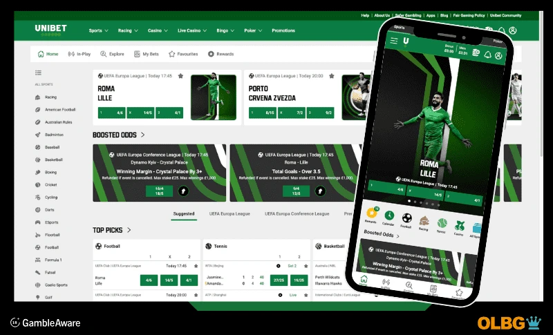 Unibet betting site screenshots - the image containa desktop view overlayed with the view from a mobile phone